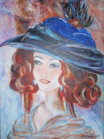 Dáma v modrom klobúku, 30x40 cm, akryl